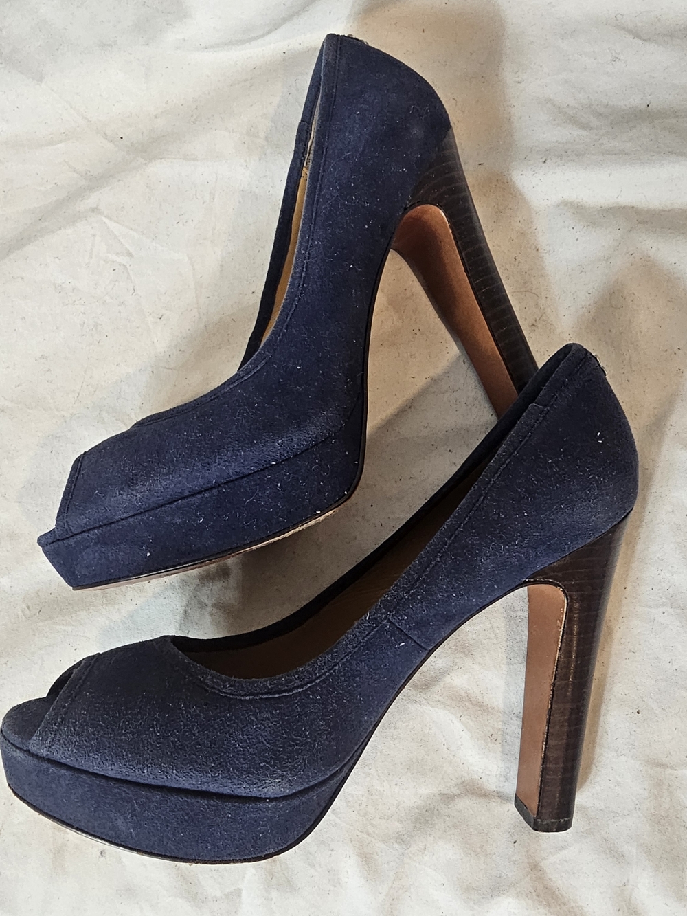 Coach Navy Suede Peep-Toe Platform Pumps Size 7 Quiet Luxury Office Wedding - Picture 6 of 14